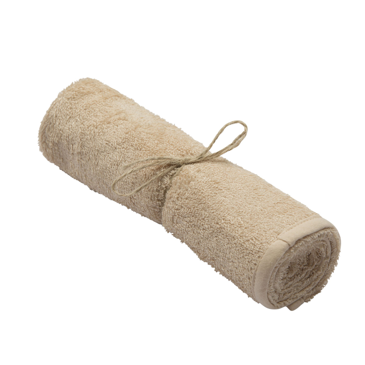 Timboo medium handdoek bamboe Frosted Almond, opgerolde handdoek met touwtje